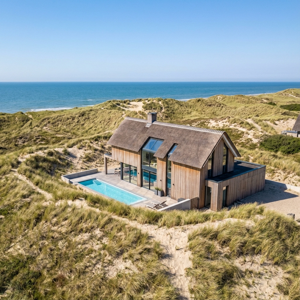 Drone foto van een vakantiehuis aan de Zeeuwse kust