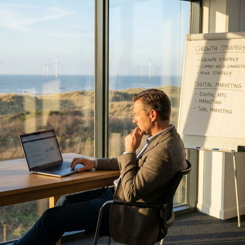 Ondernemer in Zeeland kijkt peinzend naar laptop, overweegt marketing uitbesteden