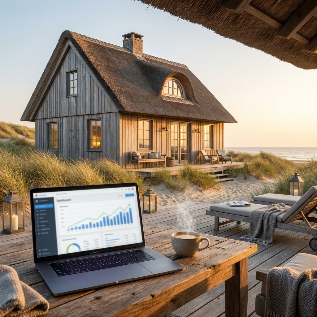 Luxe B&B in de Zeeuwse duinen met laptop en koffie, symboliseert online groei