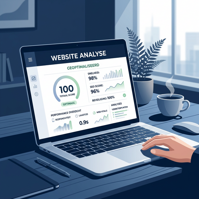 Rustige illustratie van een laptop waarop een website analyse en SEO score van 100 wordt weergegeven