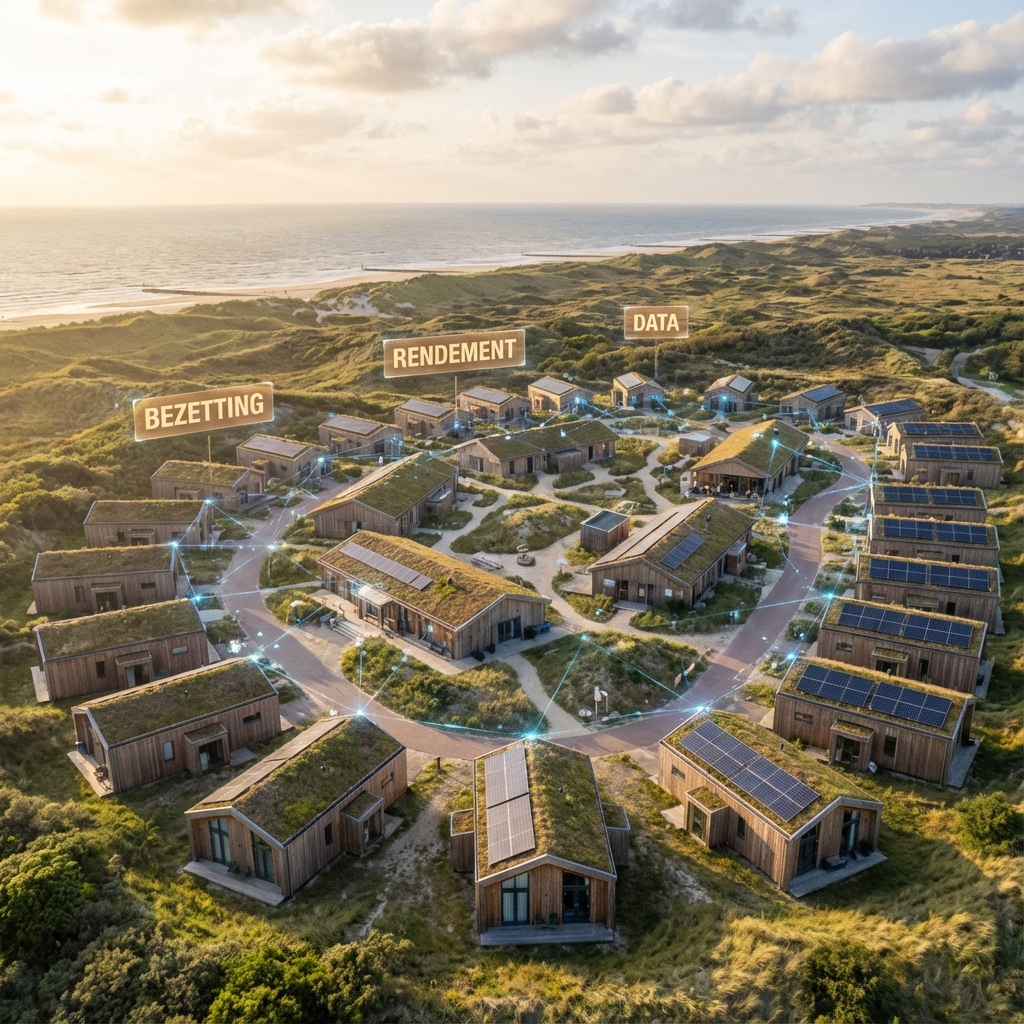 Luchtfoto van een modern vakantiepark met data-visualisatie overlay over bezettingsgraad