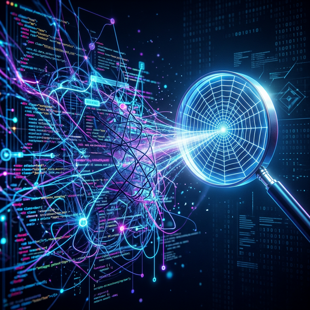 Conceptuele afbeelding van een AI code matrix die botst met een SEO vergrootglas