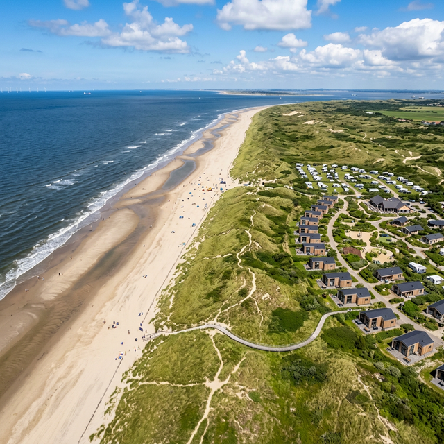 Drone view van strand en kust in Zeeland met een website toerisme Zeeland focus